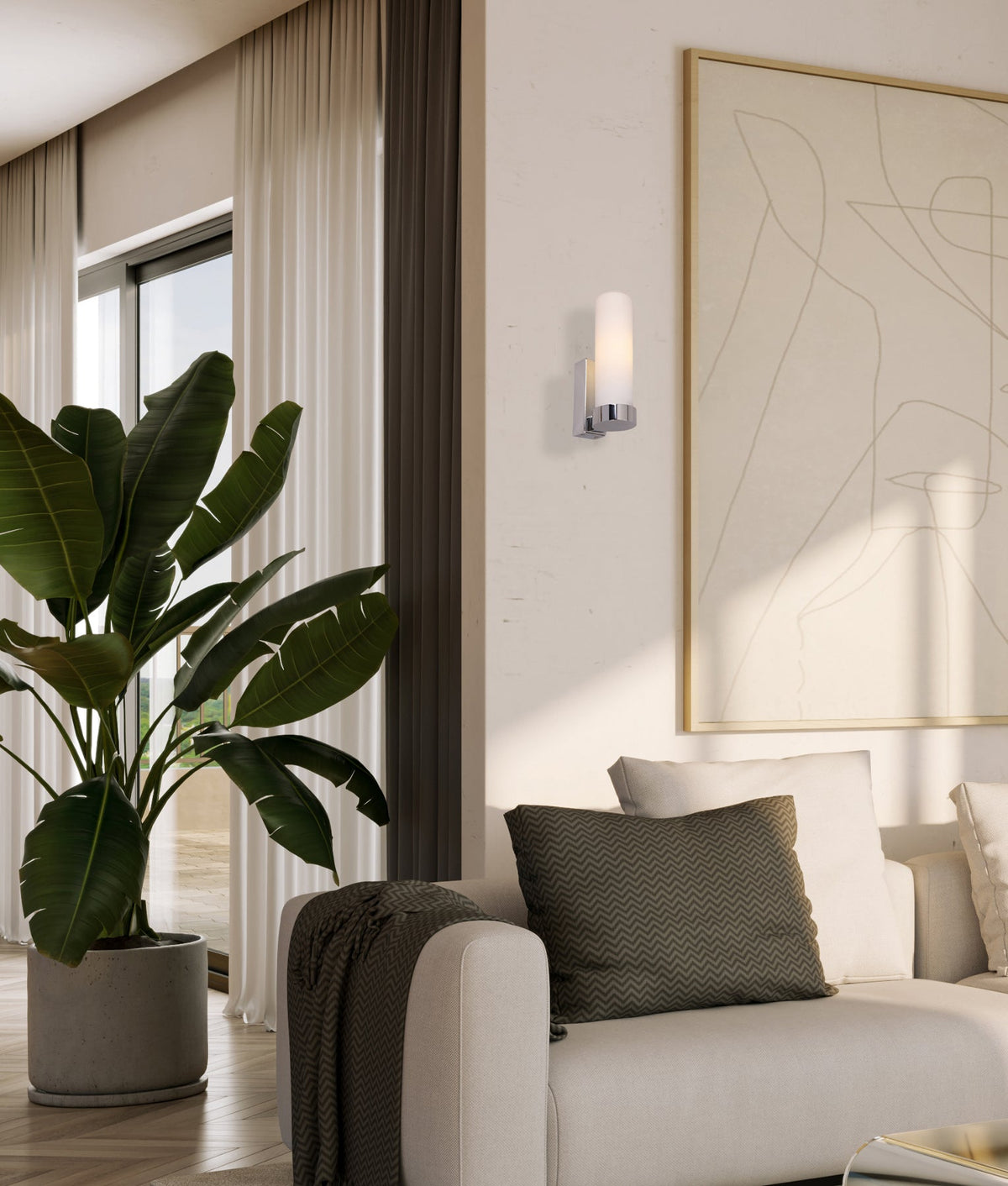 Vara Interior Tubular Up Opal Glass Wall Light - Chrome