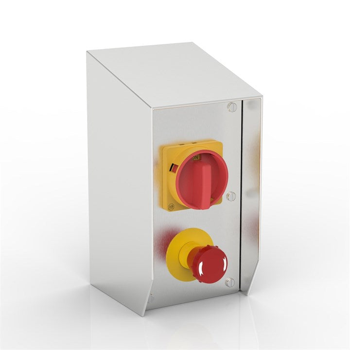 SR-AB32-ES-S | 15° Sloping Roof Rotary Isolator & Emergency Stop Enclosure with Allen-Bradley switches