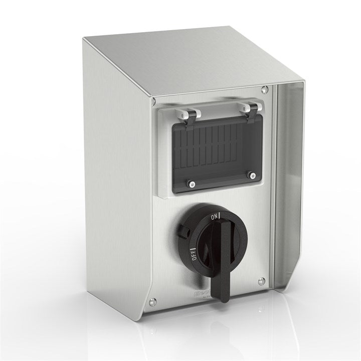 SR15-KT32X1-W6-S316-BH-LT | WASHDOWNPRO™ IP66 15° Sloping Roof Rotary Isolator Enclosure with Katko switch (Black Handle) & Hinged Viewing Window