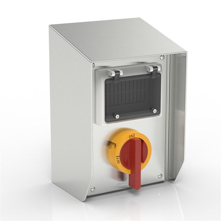 SR15-KT63X1-W6-S316-LT | WASHDOWNPRO™ IP66 15° 倾斜屋顶旋转隔离器外壳，带 Katko 开关和铰链观察窗