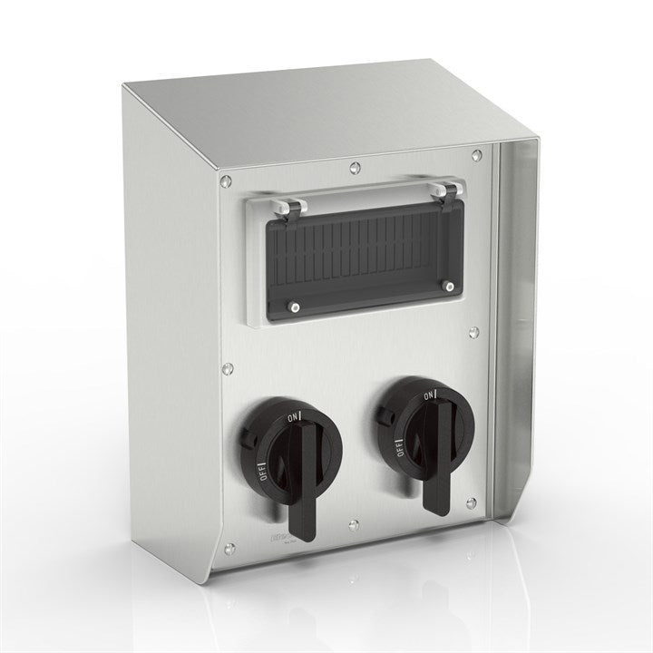 SR15-KT63X2-W8-S316-BH-LT | WASHDOWNPRO™ IP66 15° 倾斜屋顶旋转隔离器外壳，带 Katko 开关（黑色手柄）和铰链观察窗