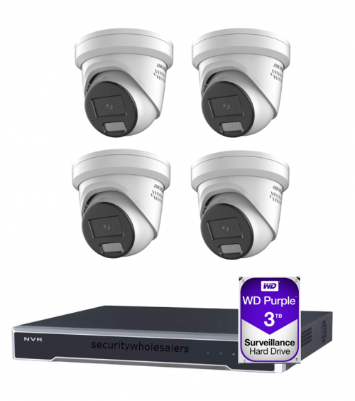 4MP Hikvision Colorvu CCTV Kit: 4 x Outdoor Colorvu Liveguard Turret Cameras with Acusense + 4CH NVR Kit